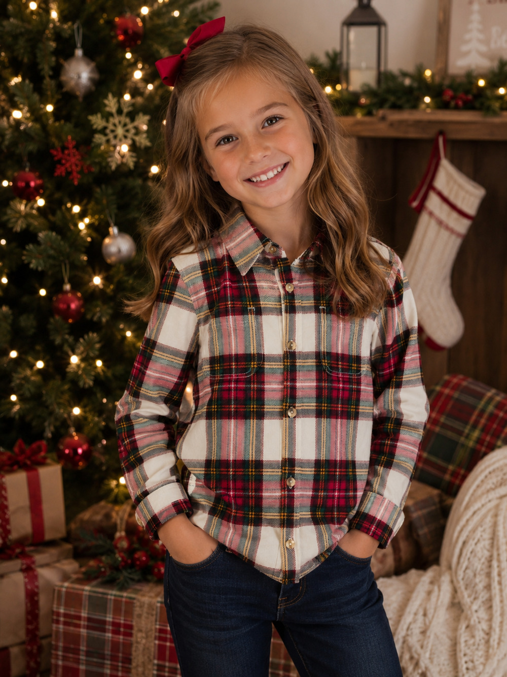 Hanna Andersson Girl's 6-7 120 Plaid Flannel Shirt Christmas Holiday Cotton